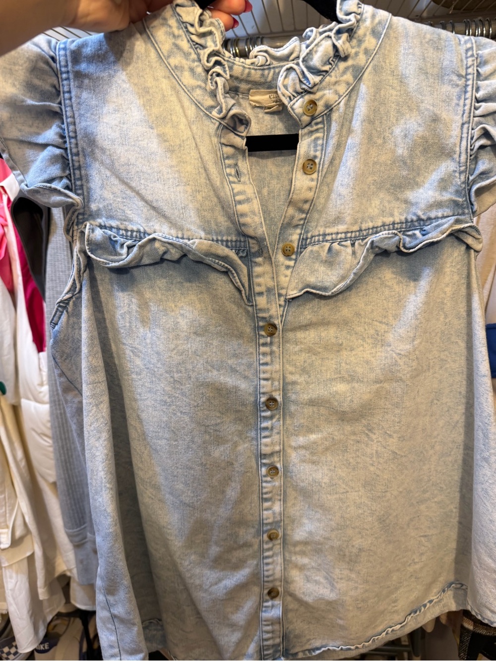 Zara Light Blue Ruffle Denim Button-Front Top